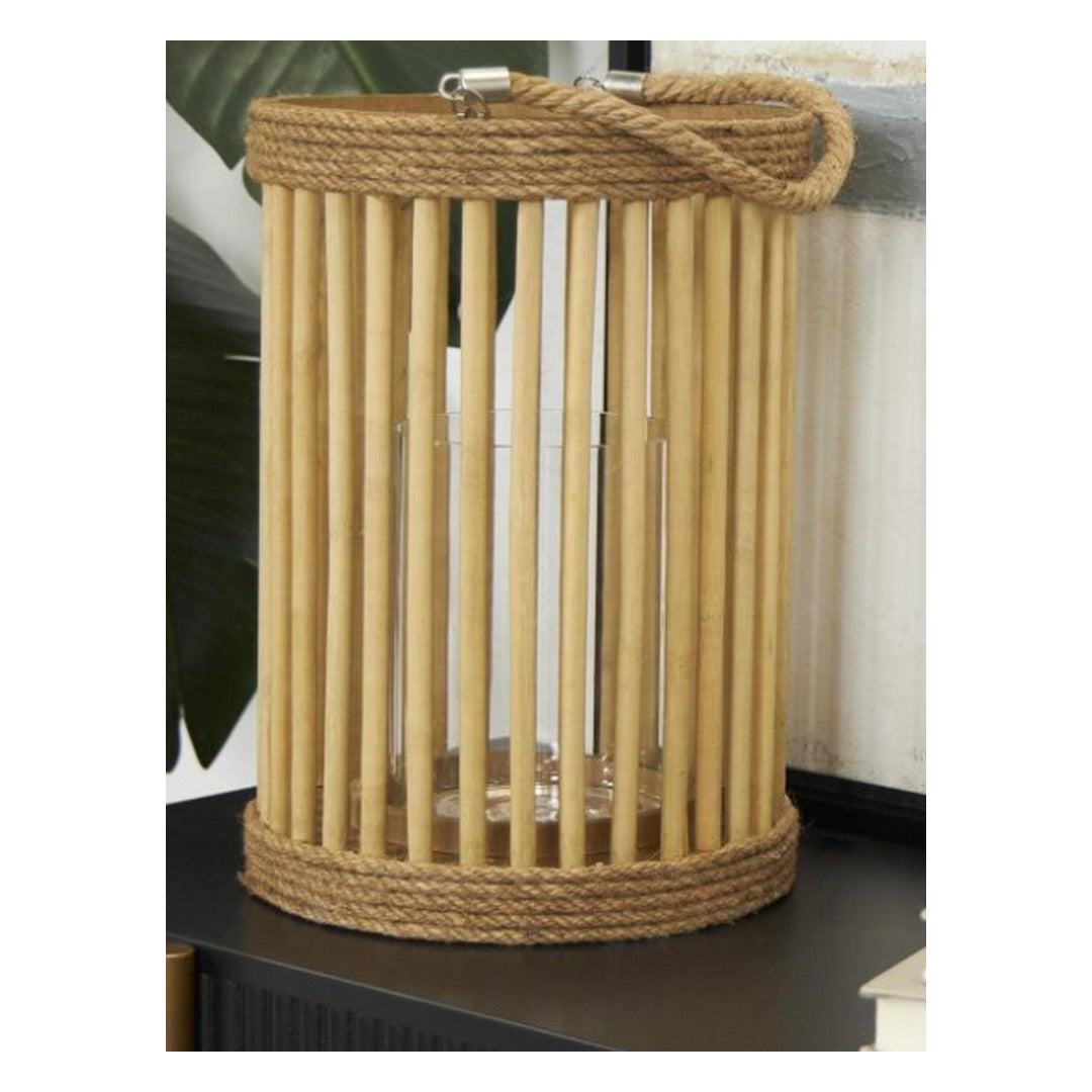 Brown Bamboo Wood Handmade Open Framed Caged Indoor Outdoor Candle Lantern with Rope Handle
