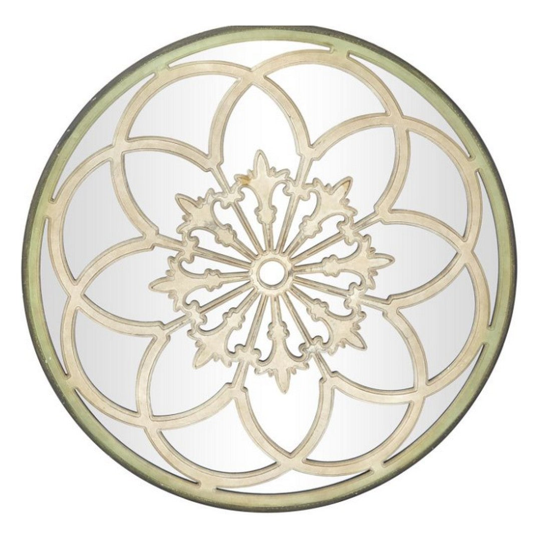 Cream Wooden Floral Medallion Room Wall Mirror with Vintage Green Frame