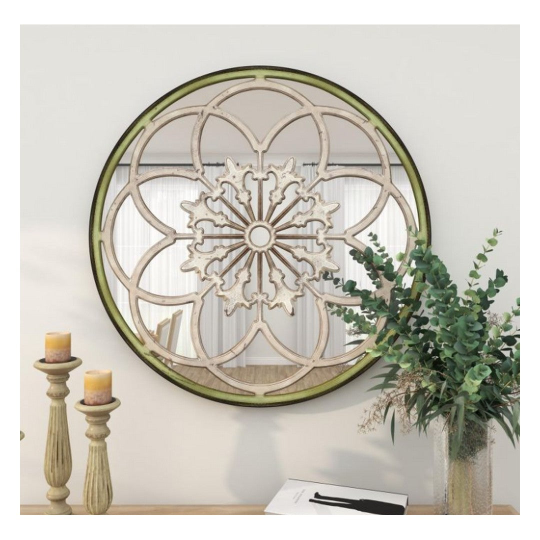 Cream Wooden Floral Medallion Room Wall Mirror with Vintage Green Frame