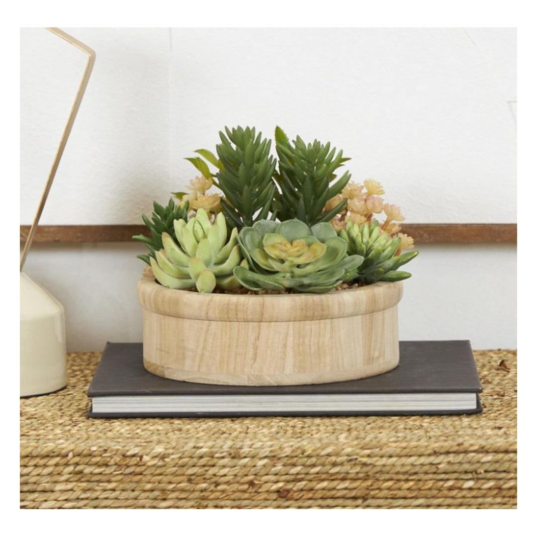 Green Faux Foliage Indoor Outdoor Artificial Plant with Brown Wooden Pot