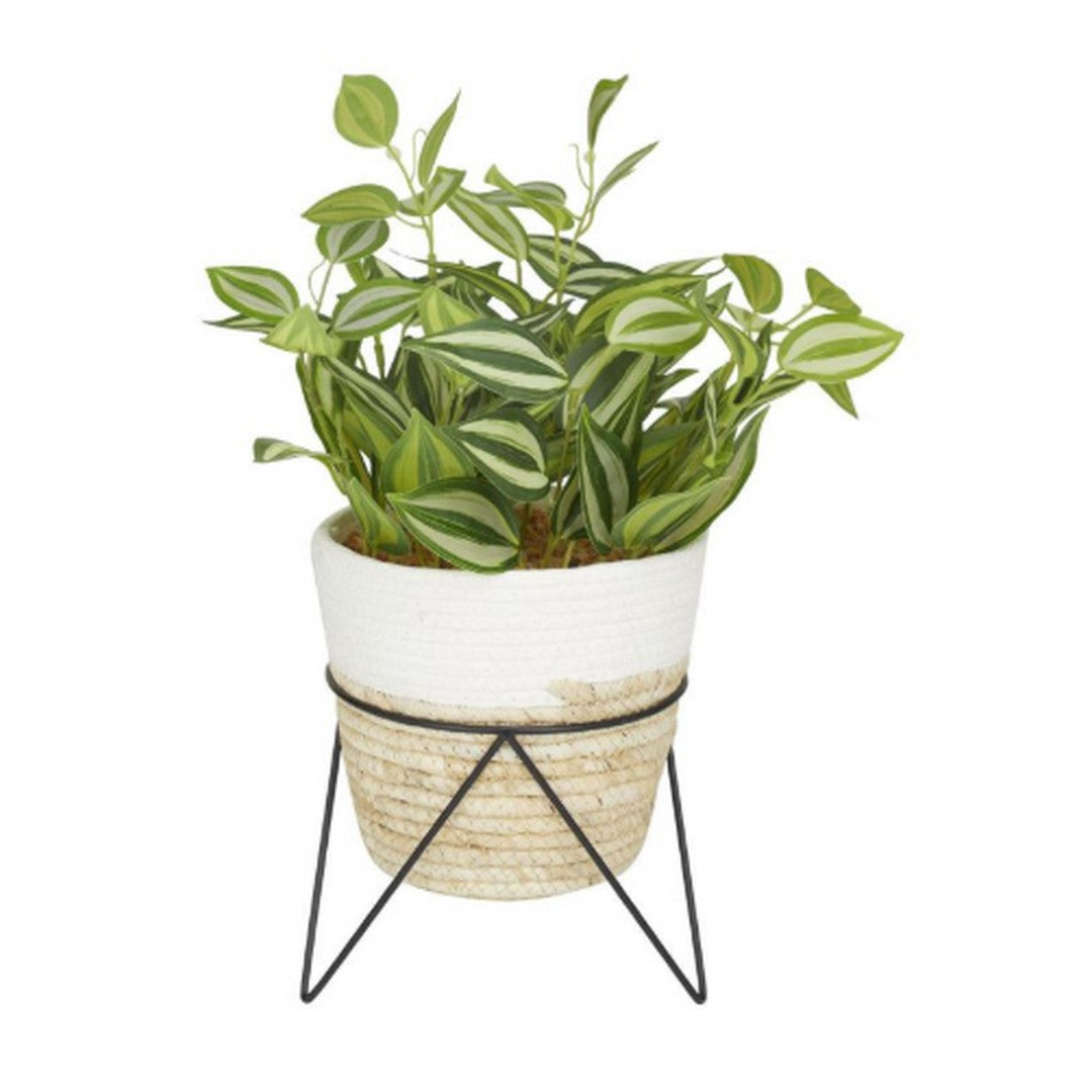 Green Faux Foliage Sanchezia Indoor Outdoor Artificial Plant with Realistic Leaves and Rattan Pot and Black Stand