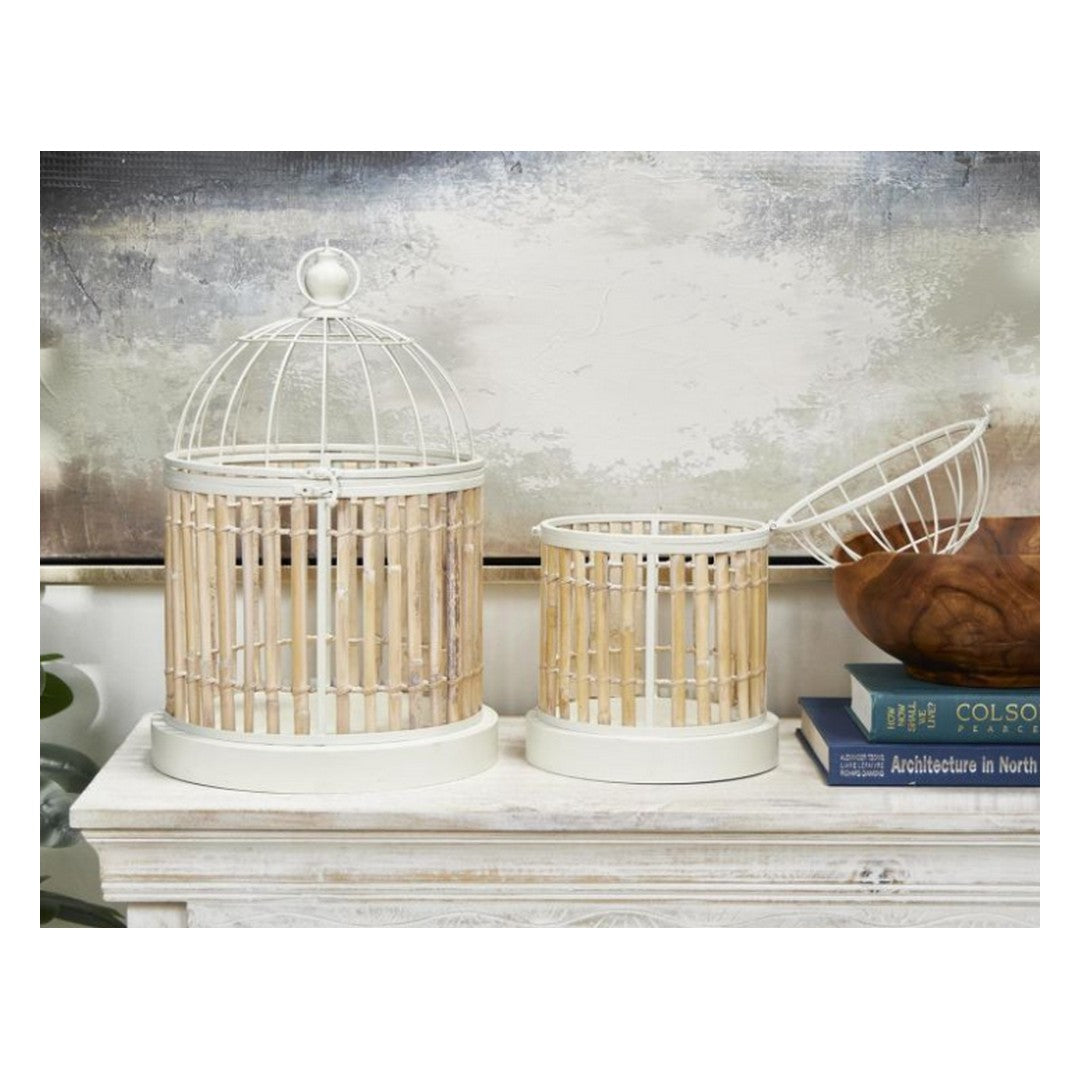Brown Bamboo Wood Handmade Birdcage with White Metal Accents
