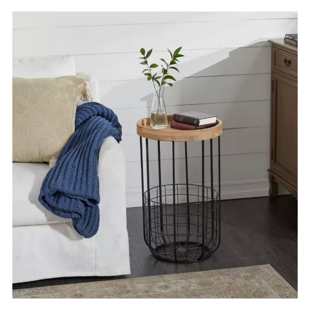 16 in. Black Large Round Wood End Accent Table with Brown Wood Top and Wire Basket Storage
