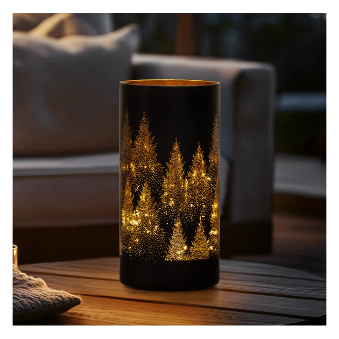 Silhouette Tree Design Black Glass 4x8 Inch LED Hurricane Lamp