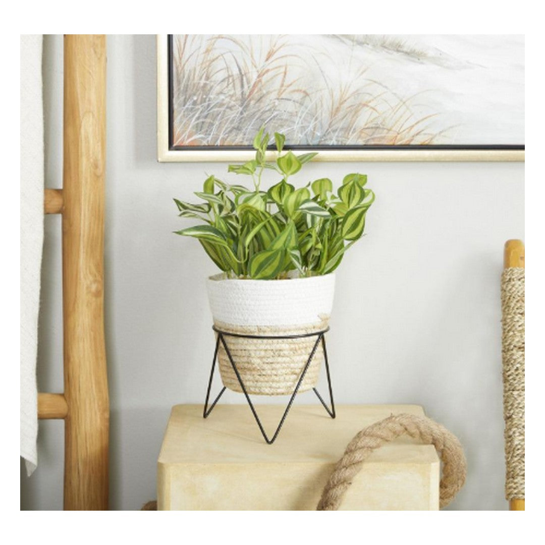 Green Faux Foliage Sanchezia Indoor Outdoor Artificial Plant with Realistic Leaves and Rattan Pot and Black Stand