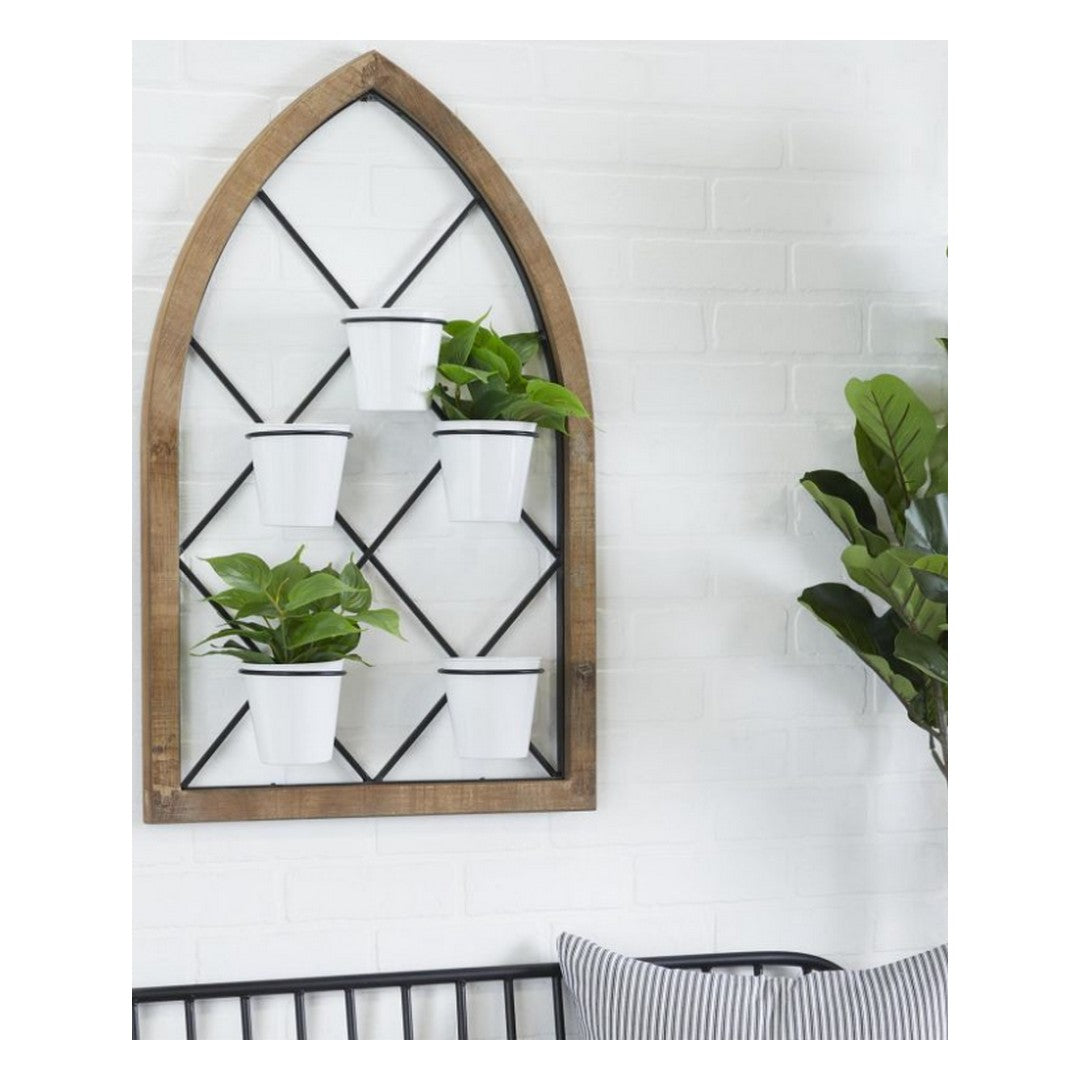 Brown Wood Hanging Indoor Wall Planter with White Pots and Black Metal Accents